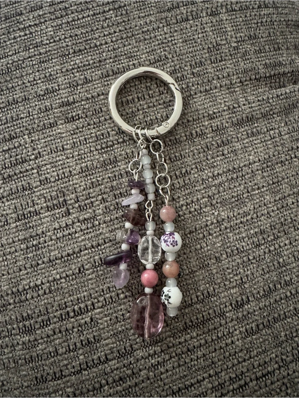 Amethyst & Silver Tone Hand Crafted Bag Charm Keychain with real gemstones